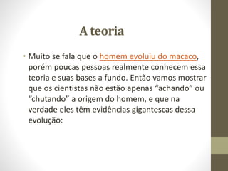A teoria
• Muito se fala que o homem evoluiu do macaco,
porém poucas pessoas realmente conhecem essa
teoria e suas bases a fundo. Então vamos mostrar
que os cientistas não estão apenas “achando” ou
“chutando” a origem do homem, e que na
verdade eles têm evidências gigantescas dessa
evolução:
 