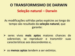 O TRANSFORMISMO DE DARWIN
Seleção natural – Darwin
As modificações sofridas pelas espécies ao longo do
tempo são resultado da seleção natural, que
garante:
 seres vivos mais aptos maiores chances de
sobreviver, se reproduzir e transmitir suas
características aos descendentes e,
 os menos aptos tendem a ser extintos.
 