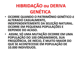 HIBRIDAÇÃO ou DERIVA GENÉTICA  OCORRE QUANDO O PATRIMÔNIO GENÉTICO é ALTERADO CASUALMENTE, INDEPENDENTEMENTE DA SELEÇÃO NATURAL. OCORRE EM PEQUENAS POPULAÇÕES E DEPENDE DO ACASO. ASSIM, SÓ UMA MUTAÇÃO OCORRE EM UMA POPULAÇÃO DO 100 ORGANISMOS, SUA FREQÜÊNCIA, DE INÍCIO, É MUITO MAIOR DO QUE SE ACONTECESSE EM POPULAÇÃO DE 10.000 INDIVÍDUOS. 