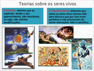 Fixismo: Admite que as
espécies, desde o seu
aparecimento, são imutáveis,
ou seja, não sofrem
modificações.
Criacionismo: defendia que
todos os seres vivos tinham sido
obra divina e que por isso eram
perfeitos e não precisavam de
sofrer alterações. Não é científico.
 