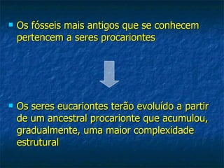 Os fósseis mais antigos que se conhecem pertencem a seres procariontes Os seres eucariontes terão evoluído a partir de um ancestral procarionte que acumulou, gradualmente, uma maior complexidade estrutural 