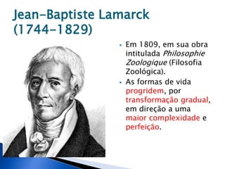 Jean-Baptiste Lamarck
(1744-1829)
 Em 1809, em sua obra
intitulada Philosophie
Zoologique (Filosofia
Zoológica).
 As formas de vida
progridem, por
transformação gradual,
em direção a uma
maior complexidade e
perfeição.
 