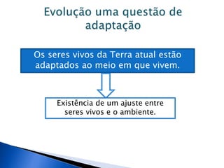 Os seres vivos da Terra atual estão
adaptados ao meio em que vivem.
Existência de um ajuste entre
seres vivos e o ambiente.
 