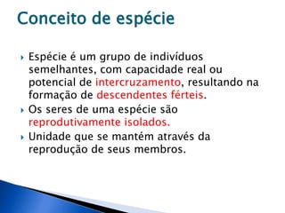 Conceito de espécie
 Espécie é um grupo de indivíduos
semelhantes, com capacidade real ou
potencial de intercruzamento, resultando na
formação de descendentes férteis.
 Os seres de uma espécie são
reprodutivamente isolados.
 Unidade que se mantém através da
reprodução de seus membros.
 