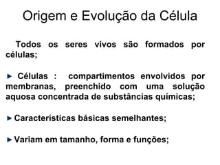 Origem e Evolução da Célula
• Todos os seres vivos são formados por
células;

  Células : compartimentos envolvidos por
membranas, preenchido com uma solução
aquosa concentrada de substâncias químicas;

 Características básicas semelhantes;

 Variam em tamanho, forma e funções;
 