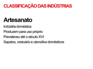CLASSIFICAÇÃODASINDÚSTRIAS
Artesanato
Indústria doméstica
Produzem para uso próprio
Prevaleceu até o século XVI
Sapatos, vestuário e utensílios domésticos
 