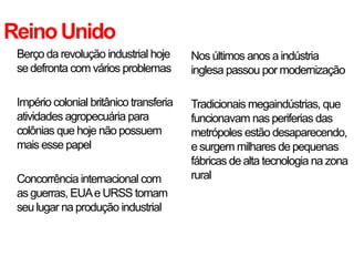 ReinoUnido
• Berço da revolução industrial hoje
sedefronta com vários problemas
• Império colonial britânico transferia
atividades agropecuária para
colônias que hoje não possuem
mais esse papel
• Concorrência internacional com
asguerras, EUAe URSS tomam
seu lugar na produção industrial
• Nos últimos anos a indústria
inglesa passou por modernização
• Tradicionais megaindústrias, que
funcionavam nas periferias das
metrópoles estão desaparecendo,
esurgem milhares de pequenas
fábricas de alta tecnologia na zona
rural
 