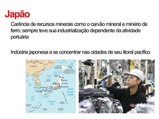 Japão
• Carência de recursos minerais como o carvão mineral e minério de
ferro, sempre teve sua industrialização dependente da atividade
portuária
• Indústria japonesa a se concentrar nas cidades de seu litoral pacífico
 