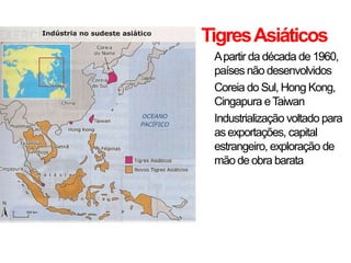 TigresAsiáticos
• Apartir da década de 1960,
países não desenvolvidos
• Coreia do Sul, Hong Kong,
Cingapura eTaiwan
• Industrialização voltado para
asexportações, capital
estrangeiro, exploração de
mão de obra barata
 