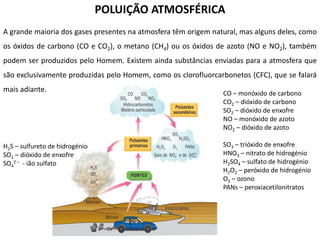 POLUIÇÃO ATMOSFÉRICA
A grande maioria dos gases presentes na atmosfera têm origem natural, mas alguns deles, como
os óxidos de carbono (CO e CO2), o metano (CH4) ou os óxidos de azoto (NO e NO2), também
podem ser produzidos pelo Homem. Existem ainda substâncias enviadas para a atmosfera que
são exclusivamente produzidas pelo Homem, como os clorofluorcarbonetos (CFC), que se falará
mais adiante.

H2S – sulfureto de hidrogénio
SO2 – dióxido de enxofre
SO42 – - ião sulfato

CO – monóxido de carbono
CO2 – dióxido de carbono
SO2 – dióxido de enxofre
NO – monóxido de azoto
NO2 – dióxido de azoto
SO3 – trióxido de enxofre
HNO3 – nitrato de hidrogénio
H2SO4 – sulfato de hidrogénio
H2O2 – peróxido de hidrogénio
O3 – ozono
PANs – peroxiacetilonitratos

 