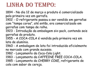 Linha do tempo:
1894 - No dia 12 de março o produto é comercializado
pela primeira vez em garrafa.
1902 - O refrigerante passou a ser vendido em garrafas
com “tampa coroa”, até então, era comercializado em
garrafas com tampa de rolha.
1923 - Introdução da embalagem six-pack, contendo seis
garrafas do produto.
1955 - A COCA-COLA é vendida pela primeira vez em
lata de alumínio.
1960 - A embalagem de lata foi introduzida oficialmente
no mercado com grande sucesso.
1982 - Lançamento da Coca-Cola Light.
1983 - Lançamento da CAFFEINE FREE COCA-COLA.
1985 - Lançamento da CHERRY COKE, refrigerante de
cola com sabor de cereja.
 