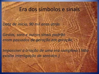 Era dos símbolos e sinaisData de inicio, 90 mil anos atrásGestos, sons e outros sinais padrãoeram passados de geração em geraçãoImpossível a criação de uma era complexa ( Não existia interligação de sentidos )