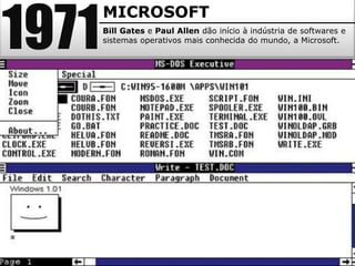1971
       MICROSOFT
       Bill Gates e Paul Allen dão início à indústria de softwares e
       sistemas operativos mais conhecida do mundo, a Microsoft.
 