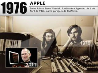 1976
       APPLE
       Steve Jobs e Steve Wozniak, fundaram a Apple no dia 1 de
       Abril de 1976, numa garagem da Califórnia.
 