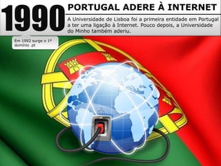 1990
                     PORTUGAL ADERE À INTERNET
                     A Universidade de Lisboa foi a primeira entidade em Portugal
                     a ter uma ligação à Internet. Pouco depois, a Universidade
                     do Minho também aderiu.
Em 1992 surge o 1º
domínio .pt
 