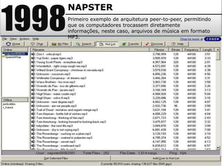 1998
       NAPSTER
       Primeiro exemplo de arquitetura peer-to-peer, permitindo
       que os computadores trocassem diretamente
       informações, neste caso, arquivos de música em formato
       MP3.
 