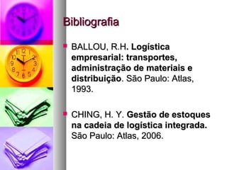 BBiibblliiooggrraaffiiaa 
 BBAALLLLOOUU,, RR..HH.. LLooggííssttiiccaa 
eemmpprreessaarriiaall:: ttrraannssppoorrtteess,, 
aaddmmiinniissttrraaççããoo ddee mmaatteerriiaaiiss ee 
ddiissttrriibbuuiiççããoo.. SSããoo PPaauulloo: AAttllaass,, 
11999933.. 
 CCHHIINNGG,, HH.. YY.. GGeessttããoo ddee eessttooqquueess 
nnaa ccaaddeeiiaa ddee llooggííssttiiccaa iinntteeggrraaddaa.. 
SSããoo PPaauulloo: AAttllaass,, 22000066.. 
