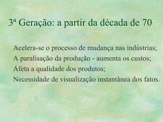 3ª Geração: a partir da década de 70
Acelera-se o processo de mudança nas indústrias;
A paralisação da produção - aumenta os custos;
Afeta a qualidade dos produtos;
Necessidade de visualização instantânea dos fatos.
 