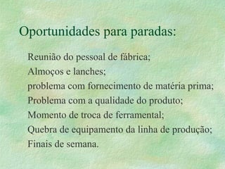 Oportunidades para paradas:
Reunião do pessoal de fábrica;
Almoços e lanches;
problema com fornecimento de matéria prima;
Problema com a qualidade do produto;
Momento de troca de ferramental;
Quebra de equipamento da linha de produção;
Finais de semana.
 