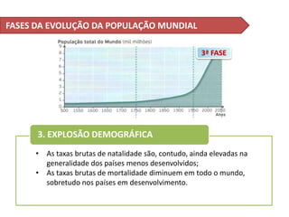 • As taxas brutas de natalidade são, contudo, ainda elevadas na
generalidade dos países menos desenvolvidos;
• As taxas brutas de mortalidade diminuem em todo o mundo,
sobretudo nos países em desenvolvimento.
3. EXPLOSÃO DEMOGRÁFICA
FASES DA EVOLUÇÃO DA POPULAÇÃO MUNDIAL
3ª FASE
 