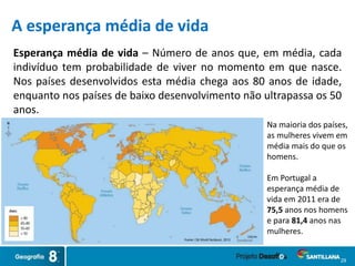 29
Esperança média de vida – Número de anos que, em média, cada
indivíduo tem probabilidade de viver no momento em que nasce.
Nos países desenvolvidos esta média chega aos 80 anos de idade,
enquanto nos países de baixo desenvolvimento não ultrapassa os 50
anos.
Na maioria dos países,
as mulheres vivem em
média mais do que os
homens.
Em Portugal a
esperança média de
vida em 2011 era de
75,5 anos nos homens
e para 81,4 anos nas
mulheres.
A esperança média de vida
 