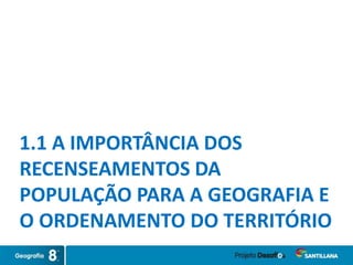 1.1 A IMPORTÂNCIA DOS
RECENSEAMENTOS DA
POPULAÇÃO PARA A GEOGRAFIA E
O ORDENAMENTO DO TERRITÓRIO
 