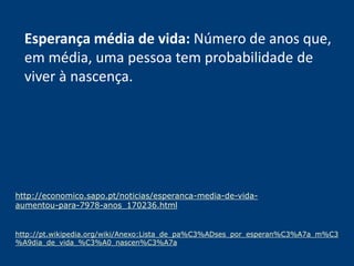 Esperança média de vida: Número de anos que, 
em média, uma pessoa tem probabilidade de 
viver à nascença. 
http://economico.sapo.pt/noticias/esperanca-media-de-vida-aumentou- 
para-7978-anos_170236.html 
http://pt.wikipedia.org/wiki/Anexo:Lista_de_pa%C3%ADses_por_esperan%C3%A7a_m%C3 
%A9dia_de_vida_%C3%A0_nascen%C3%A7a 
 