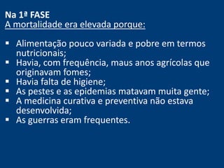 Na 1ª FASE 
A mortalidade era elevada porque: 
 Alimentação pouco variada e pobre em termos 
nutricionais; 
 Havia, com frequência, maus anos agrícolas que 
originavam fomes; 
 Havia falta de higiene; 
 As pestes e as epidemias matavam muita gente; 
 A medicina curativa e preventiva não estava 
desenvolvida; 
 As guerras eram frequentes. 
 