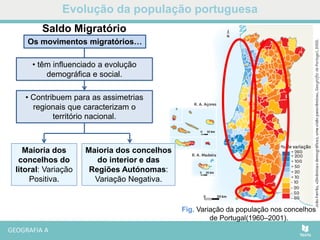 Evolução da população portuguesa
Fig. Variação da população nos concelhos
de Portugal(1960–2001).
Maioria dos
concelhos do
litoral: Variação
Positiva.
Saldo Migratório
Os movimentos migratórios…
• têm influenciado a evolução
demográfica e social.
• Contribuem para as assimetrias
regionais que caracterizam o
território nacional.
Maioria dos concelhos
do interior e das
Regiões Autónomas:
Variação Negativa.
 