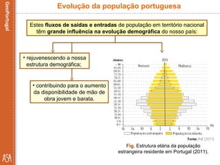 Estes fluxos de saídas e entradas de população em território nacional
têm grande influência na evolução demográfica do nosso país:
Fig. Estrutura etária da população
estrangeira residente em Portugal (2011).
Evolução da população portuguesa
• contribuindo para o aumento
da disponibilidade de mão de
obra jovem e barata.
• rejuvenescendo a nossa
estrutura demográfica;
 