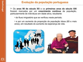  Os anos 90 do século XX e os primeiros anos do século XXI
ficaram marcados por um crescimento contínuo da população,
particularmente de indivíduos em idade ativa, resultante:
• do fluxo imigratório que se verificou neste período;
• e por um aumento da proporção da população idosa (65 e mais
anos), em resultado do aumento da esperança de vida.
Evolução da população portuguesa
 