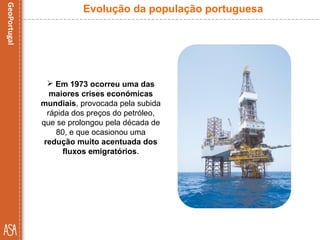  Em 1973 ocorreu uma das
maiores crises económicas
mundiais, provocada pela subida
rápida dos preços do petróleo,
que se prolongou pela década de
80, e que ocasionou uma
redução muito acentuada dos
fluxos emigratórios.
Evolução da população portuguesa
 