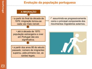 A IMIGRAÇÃO
• até à década de 1970:
população estrangeira a viver
em Portugal não era
significativa;
Evolução da população portuguesa
• a partir do final da década de
1970: imigração tornou-se
cada vez mais visível;
 assumindo-se progressivamente
como o principal componente dos
movimentos migratórios externos.
• a partir dos anos 80 do século
passado: número de imigrantes
superou, pela primeira vez, as
saídas legais.
 