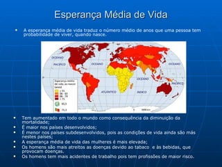 Esperança Média de Vida Tem aumentado em todo o mundo como consequência da diminuição da mortalidade; É maior nos países desenvolvidos; É menor nos países subdesenvolvidos, pois as condições de vida ainda são más nestes países; A esperança média de vida das mulheres é mais elevada; Os homens são mais atreitos as doenças devido ao tabaco  e às bebidas, que provocam doenças. Os homens tem mais acidentes de trabalho pois tem profissões de maior risco. A esperança média de vida traduz o número médio de anos que uma pessoa tem probabilidade de viver, quando nasce. 