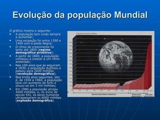Evolução da população Mundial O gráfico mostra o seguinte: A população tem vindo sempre a aumentar; Uma excepção foi entre 1390 e 1400 com a peste Negra; O ritmo de crescimento foi lento até 1800 ( regime demográfico primitivo ); A partir de 1800, a população começou a crescer a um ritmo acelerado; Nas 100 anos que se seguiram a 1830, a população duplicou e passou para 2000 milhões ( revolução demográfica ); Nos trinta anos seguintes, isto é, de 1930 a 1960, a população teve um aumento de 5o% e situou-se em 3 mil milhões; Em 1980 a população atingiu 4400 milhões, e, no início do século XXI, os seres humanos ultrapassaram os 6000 milhões ( explosão demográfica ). 