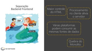 Processamento
no cliente alivia
o servidor
Maior controle
do HTML
Separação
Backend Frontend
Várias plataformas
podem consumir as
mesmas fontes de dados
Quebra do
Monolito
 