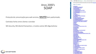 Anos 2000’s
SOAP
Protocolo de comunicação para web services, MUITO bem padronizado.
Contratos fortes entre cliente e servidor
WS-Security, WS-AtomicTransaction, e muitos outros WS-AlgumaCoisa
 