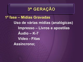3ª GERAÇÃO
1ª fase – Mídias Gravadas
Uso de várias mídias (analógicas)
Impresso – Livros e apostilas
Áudio – K-7
Vídeo - Fitas
Assíncrono;
 