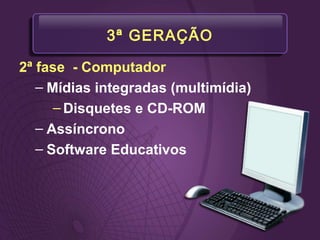 3ª GERAÇÃO
2ª fase - Computador
– Mídias integradas (multimídia)
– Disquetes e CD-ROM
– Assíncrono
– Software Educativos
 
