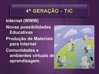 4ª GERAÇÃO - TIC
Internet (WWW)
Novas possibilidades
Educativas
Produção de Materiais
para Internet
Comunidades e
ambientes virtuais de
aprendizagem.
 