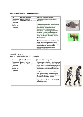 Tela 8 – Continuação 3 da Era Cenozóica

  Era         Período Terciário             Característica dos períodos
  Continuação Época: Mioceno                Aparecimento dos Alpes, Andes e
  da Era      23.8 à 5.3 milhões de anos.   Himalaia
  Cenozóica
  De 65                                     No ambiente marinho . aparecimento
  milhões até                               de vários animais como ostras e
  o presente.                               gastrópodes se diversificaram
                                            bastante. Diatomáceas, corais,
                                            crustáceos e tubarões presentes nos
                                            oceanos. Adaptação de mamíferos
                                            marinhos às condições aquáticas,
                                            como focas, leões marinhos, baleias,
                                            golfinhos, etc.

                                            No ambiente terrestre, praticamente
                                            todas as famílias de mamíferos já
                                            existiam, incluindo hienas, girafas,
                                            bovinos e ursos primitivos. Os
                                            mastodontes ocupavam toda a
                                            América do Norte.



   
Tela 9– Continuação 3 da Era Cenozóica

  Era          Período Terciário            Característica dos períodos
  Continuação Época: Plioceno               Temperatura: similar à atual, embora
  da Era      5.3 à 1.8 milhões de anos     a Terra fosse mais árida. Já no final
  Cenozóica                                 dessa época a temperatura começou a
  De 65                                     cair, com vários picos de glaciação
  milhões até                               com modificações na flora e na fauna.
  o presente.
                                            Ambiente marinho: os mamíferos
                                            que viveram nessa época atingiram
                                            grandes proporções, como variedades
                                            de preguiças e ursos gigantes.

                                            Aparecimento do Homo Habilis há 2
                                            milhões de anos.
 