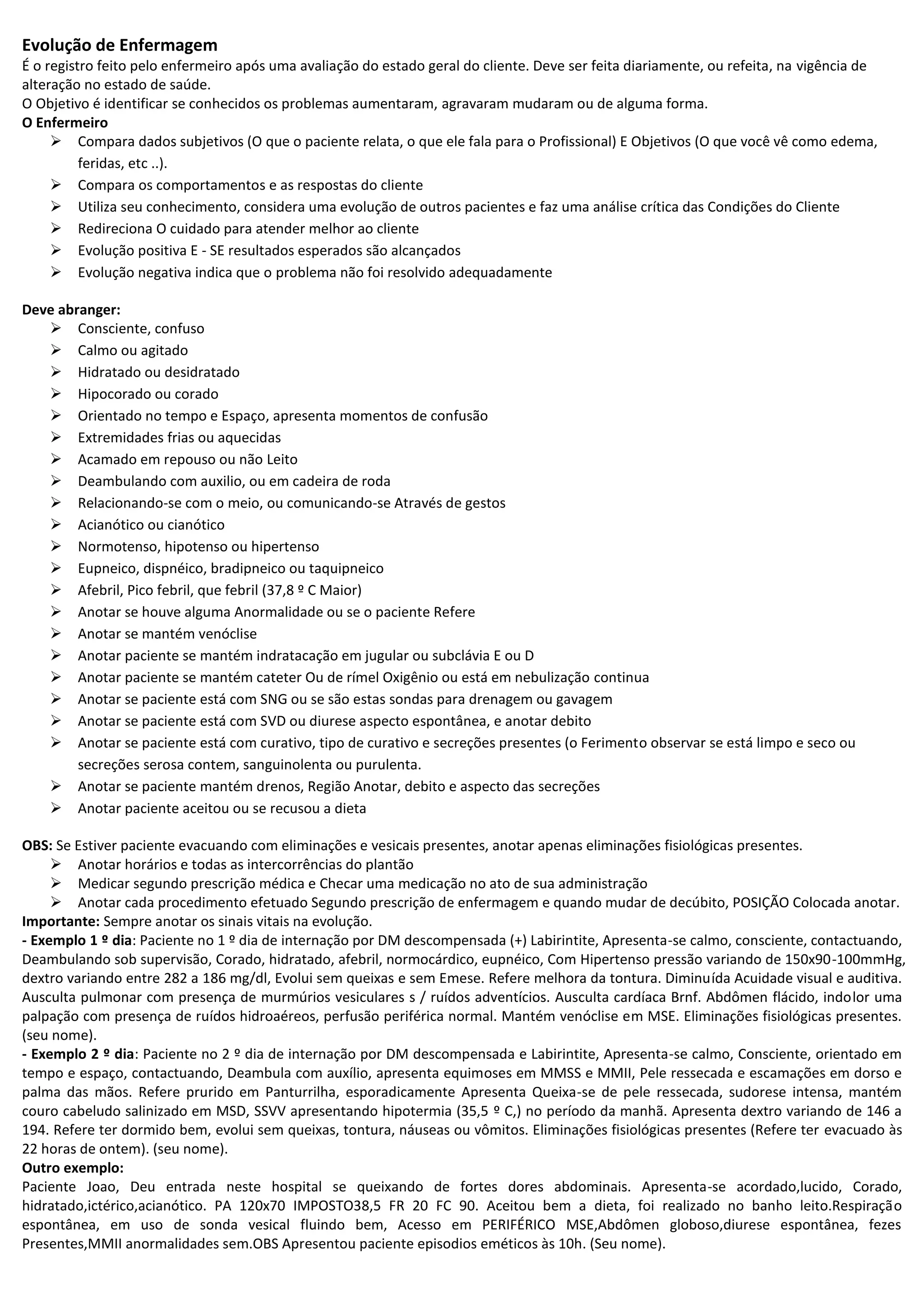 Evolução de enfermagem | DOCX