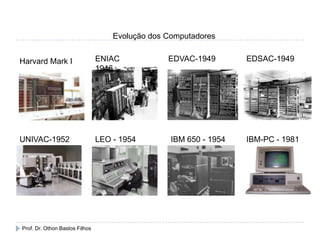 Harvard Mark I ENIAC
1946
EDVAC-1949 EDSAC-1949
UNIVAC-1952 LEO - 1954 IBM 650 - 1954 IBM-PC - 1981
Evolução dos Computadores
Prof. Dr. Othon Bastos Filhos
 
