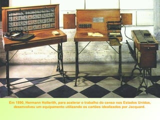 Em 1890, Hermann Hollerith, para acelerar o trabalho do censo nos Estados Unidos, desenvolveu um equipamento utilizando os cartões idealizados por Jacquard.  