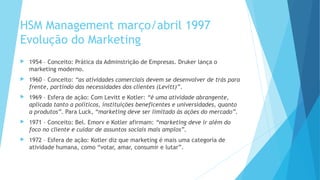 HSM Management março/abril 1997
Evolução do Marketing
 1954 – Conceito: Prática da Adminstrição de Empresas. Druker lança o
marketing moderno.
 1960 – Conceito: “as atividades comerciais devem se desenvolver de trás para
frente, partindo das necessidades dos clientes (Levitt)”.
 1969 – Esfera de ação: Com Levitt e Kotler: “é uma atividade abrangente,
aplicada tanto a políticos, instituições beneficentes e universidades, quanto
a produtos”. Para Luck, “marketing deve ser limitado às ações do mercado”.
 1971 – Conceito: Bel. Emorv e Kotler afirmam: “marketing deve ir além do
foco no cliente e cuidar de assuntos sociais mais amplos”.
 1972 – Esfera de ação: Kotler diz que marketing é mais uma categoria de
atividade humana, como “votar, amar, consumir e lutar”.
 