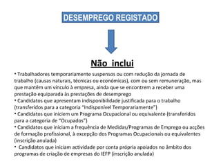 DESEMPREGO REGISTADO Trabalhadores temporariamente suspensos ou com redução da jornada de trabalho (causas naturais, técnicas ou económicas), com ou sem remuneração, mas que mantêm um vínculo à empresa, ainda que se encontrem a receber uma prestação equiparada às prestações de desemprego Candidatos que apresentam indisponibilidade justificada para o trabalho (transferidos para a categoria “Indisponível Temporariamente”) Candidatos que iniciem um Programa Ocupacional ou equivalente (transferidos para a categoria de “Ocupados”) Candidatos que iniciam a frequência de Medidas/Programas de Emprego ou acções de formação profissional, à excepção dos Programas Ocupacionais ou equivalentes (inscrição anulada) Candidatos que iniciam actividade por conta própria apoiados no âmbito dos programas de criação de empresas do IEFP (inscrição anulada)  Não  inclui 