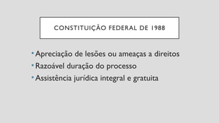 CONSTITUIÇÃO FEDERAL DE 1988
•Apreciação de lesões ou ameaças a direitos
•Razoável duração do processo
•Assistência jurídica integral e gratuita
 