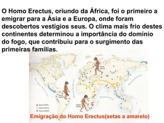 O Homo Erectus, oriundo da África, foi o primeiro a emigrar para a Ásia e a Europa, onde foram descobertos vestígios seus. O clima mais frio destes continentes determinou a importância do domínio do fogo, que contribuiu para o surgimento das primeiras famílias. Emigração do Homo Erectus(setas a amarelo) 