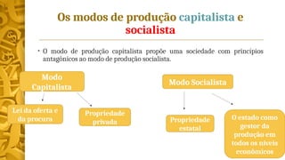 Os modos de produção capitalista e
socialista
• O modo de produção capitalista propõe uma sociedade com princípios
antagônicos ao modo de produção socialista.
Modo
Capitalista
Lei da oferta e
da procura
Propriedade
privada
Modo Socialista
Propriedade
estatal
O estado como
gestor da
produção em
todos os níveis
econômicos
 
