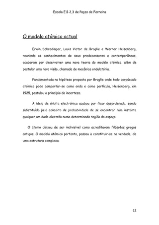 Escola E.B 2,3 de Paços de Ferreira




O modelo atómico actual

      Erwin Schrodinger, Louis Victor de Broglie e Werner Heisenberg,

reunindo os conhecimentos de seus predecessores e contemporâneos,

acabaram por desenvolver uma nova teoria do modelo atómico, além de

postular uma nova visão, chamada de mecânica ondulatória.


      Fundamentada na hipótese proposta por Broglie onde todo corpúsculo

atómico pode comportar-se como onda e como partícula, Heisenberg, em

1925, postulou o princípio da incerteza.


      A ideia de órbita electrónica acabou por ficar desordenada, sendo

substituída pelo conceito de probabilidade de se encontrar num instante

qualquer um dado electrão numa determinada região do espaço.


   O átomo deixou de ser indivisível como acreditavam filósofos gregos

antigos. O modelo atómico portanto, passou a constituir-se na verdade, de

uma estrutura complexa.




                                                                      12
 